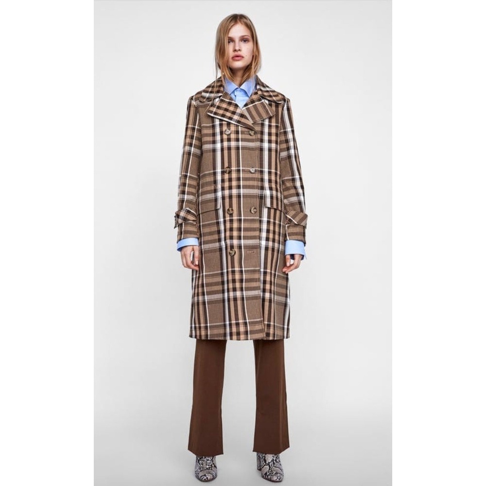 Zara Woman Brown Plaid Double Breasted Trench Coat Mid Length Size Medium